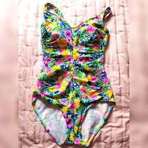 Vintage Maxine of Hollywood Blue Floral Swimsuit Size 14
